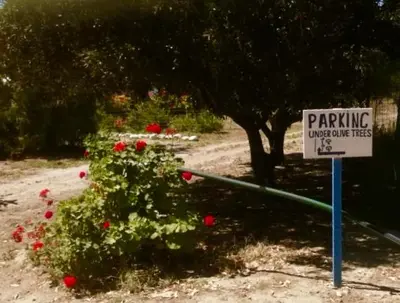 a parking sign next to a bush with red roses at Arancio independent room in Ecovilla on the beach in Apolakkiá
