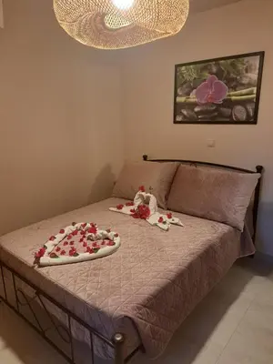 a bed with flowers on it in a bedroom at Déjà Blue in Archangelos