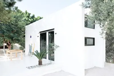 a white house with a potted plant in a courtyard at White dream summer house in Ialyssos