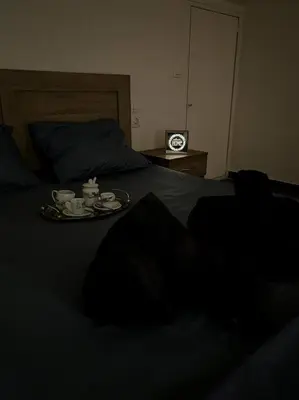 a bed with a tray with cups and saucers on it at Lydia's cozy house in Paradeísion