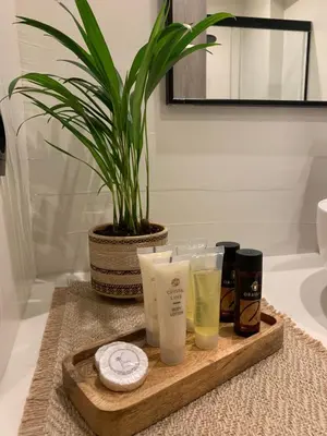 a tray with someorative products on a bathroom counter at Hacienda tradition&relax in Afantou