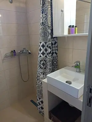 a bathroom with a sink and a shower at Hibiscus Green Appartments 1 in Afantou