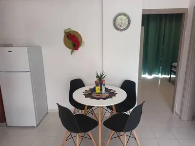 a kitchen with a table with chairs and a refrigerator at Hibiscus Green Appartments 1 in Afantou
